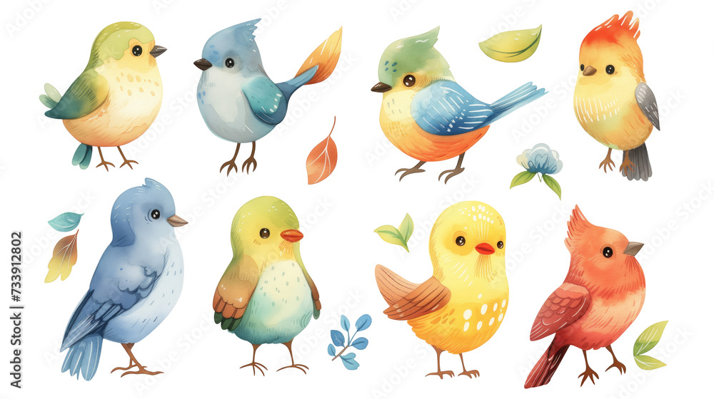 Set of cute watercolor cartoon birds on a transparent background. Clipart PNG. Set of cute watercolor cartoon birds on a transparent background. Clipart PNG.