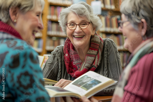 Senior people having bookclub in the library photo