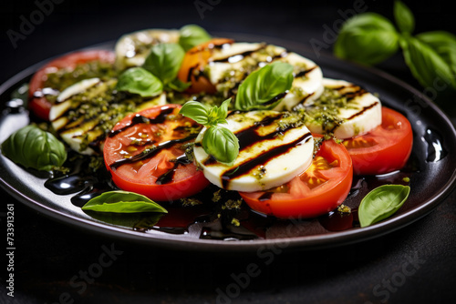 Traditional Italian salad with ripe tomatoes white cheese fresh basil and a drizzle of balsamic glaze on black table surface. Healthy food concept
