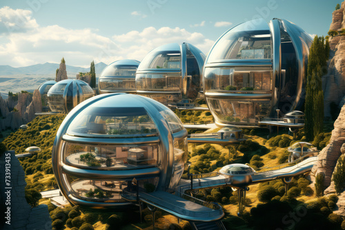 Transparent spherical structures are nestled among rugged cliffs and lush greenery connected by sleek walkways. Fantasy city concept