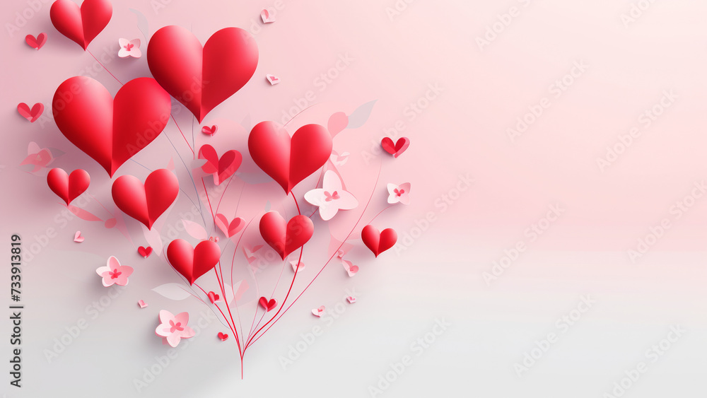 Bunch of red balloon heart 3d shapes and pink cherry flowers flying in left corner on light background. Romantic love greeting card banner with empty copy space for text
