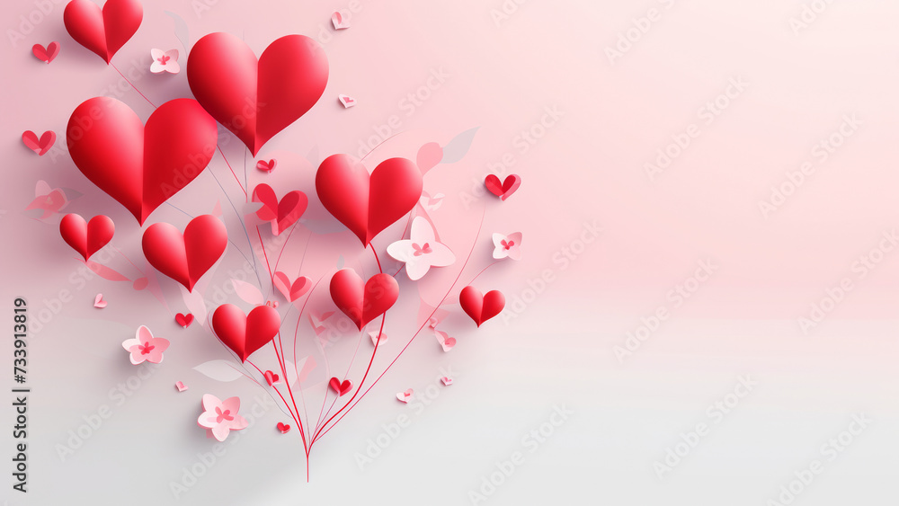 Bunch of red balloon heart 3d shapes and pink cherry flowers flying in left corner on light background. Romantic love greeting card banner with empty copy space for text Bunch of red balloon heart 3d shapes and pink cherry flowers flying in left corner on light background. Romantic love greeting card banner with empty copy space for text