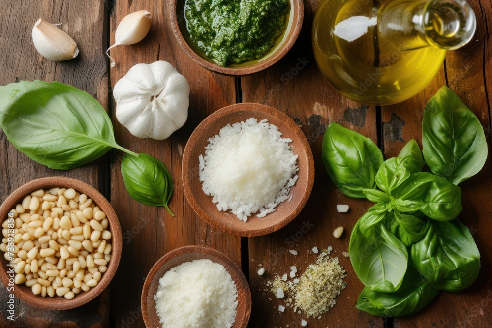 High angle view of various ingredients for preparing pesto sauce High angle view of various ingredients for preparing pesto sauce