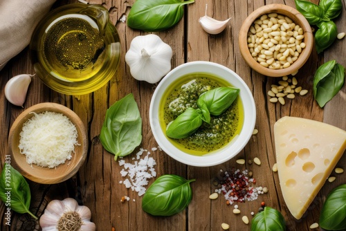 High angle view of various ingredients for preparing pesto sauce 