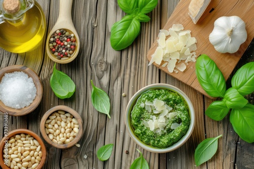 High angle view of various ingredients for preparing pesto sauce 