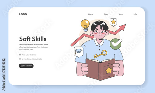 Soft Skills concept. A focused individual absorbed in studying to enhance interpersonal abilities. Success-driven learning depicted. Flat vector illustration