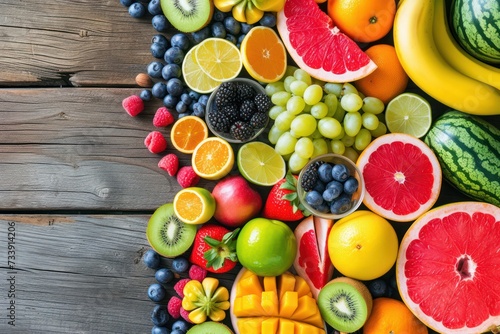 Juicy fruits  Top view of an assortment of various kinds of multicolored fresh juicy fruits like banana  green a red apples  lime  grapefruit  kiwi  watermelon