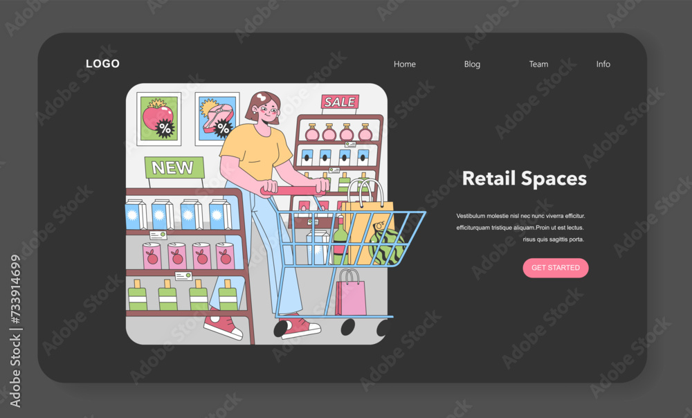 Naklejka premium Supermarket Savvy Shopper. Woman excitedly fills her cart in an aisle bursting with promotions, from fresh produce to bottled delights. Grocery spree, savings abound. Flat vector illustration