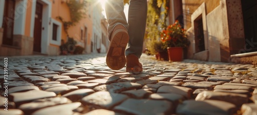 legs of a young man walking down a stony street - hiking/travel concept - low angle shot