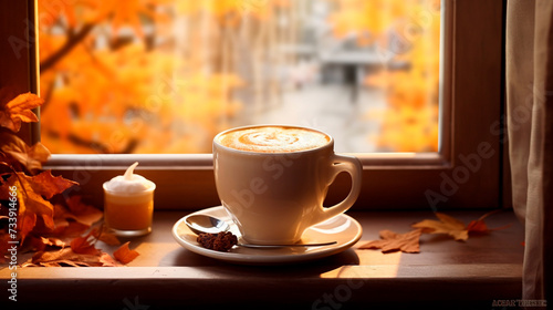 a cup of coffee on a saucer on a windowsill