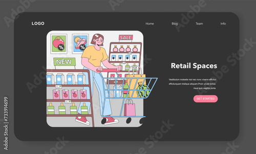 Supermarket Savvy Shopper. Woman excitedly fills her cart in an aisle bursting with promotions, from fresh produce to bottled delights. Grocery spree, savings abound. Flat vector illustration © inspiring.team