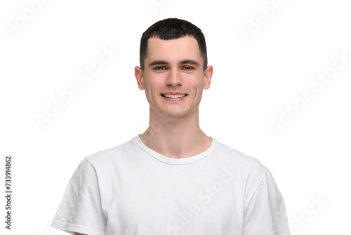 Handsome young man with clean teeth smiling on white background © New Africa