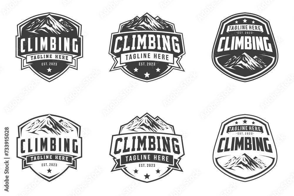 climbing logo vector and emblems set, Adventures and mountain climbing. Illustrations for labels or logo designs
