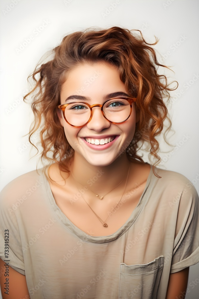 A portrait of a young smiling female wearing glasses.