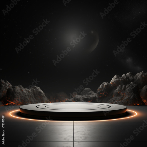Product presentation on a dark light podium with a black floor and an outer space backdrop.