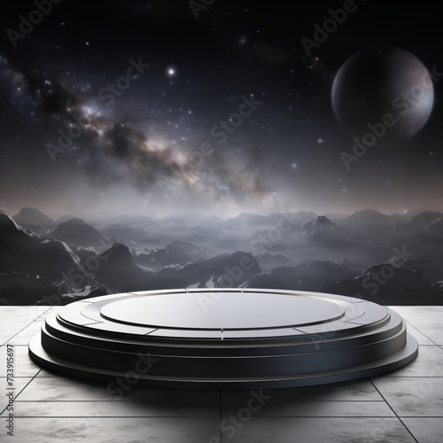 Product presentation on a white podium with a black floor and an outer space backdrop.