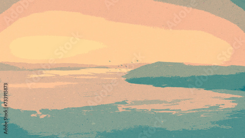 Ilustracja grafika krajobraz morze góry ptaki widok z góry plakat pastelowe barwy.