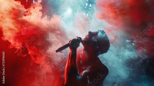 A singer holding a microphone and performing on a stage with lights and smoke 