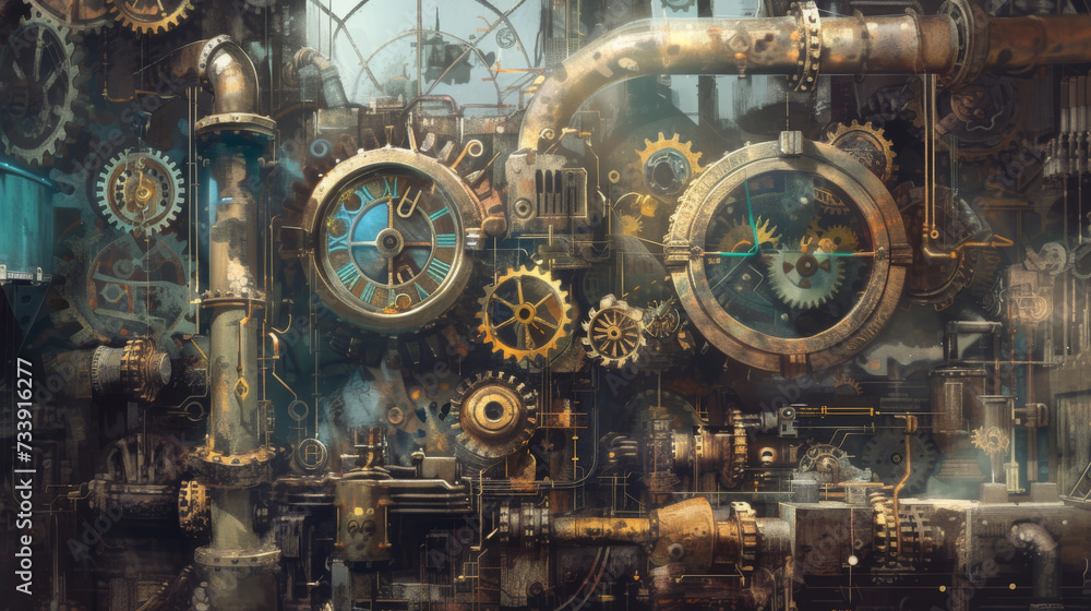 A steampunk style with gears pipes and clocks
