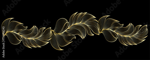 Golden Line art botany banner. Japanese style Hand drawn vector. Line art style design. Concept traditional Asian Card with space for text wedding, invitation, template card Golden frames.