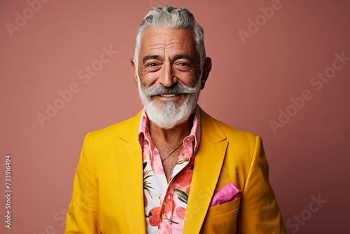 Portrait of a smiling senior man in a yellow suit on a pink background.
