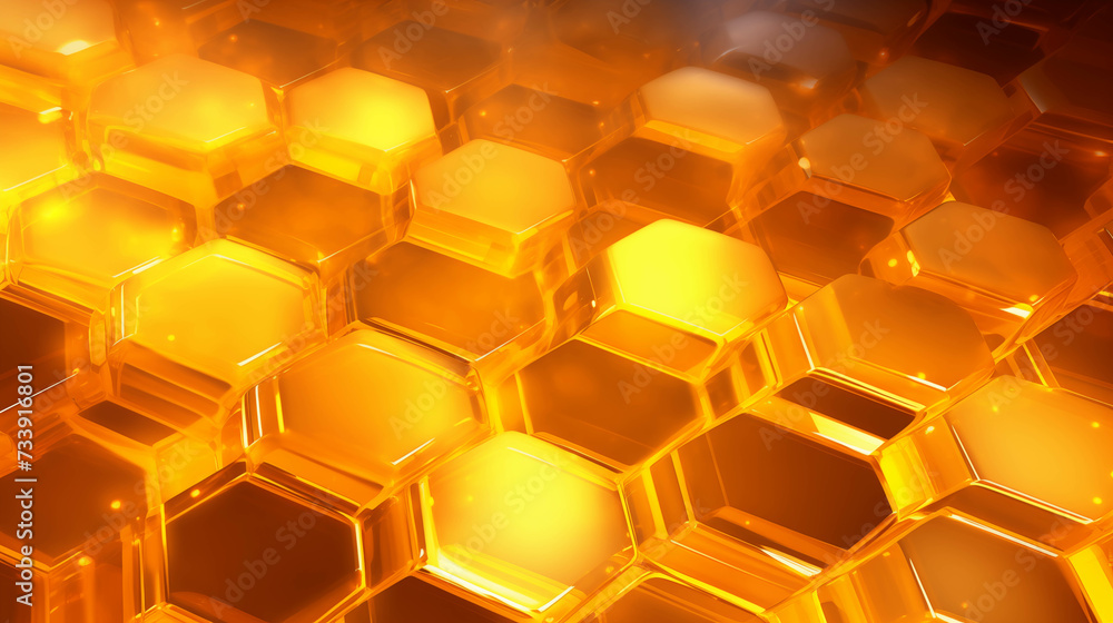 The digital image in a honeycomb pattern is glowing yellow and glows like gold. The digital image in a honeycomb pattern is glowing yellow and glows like gold.