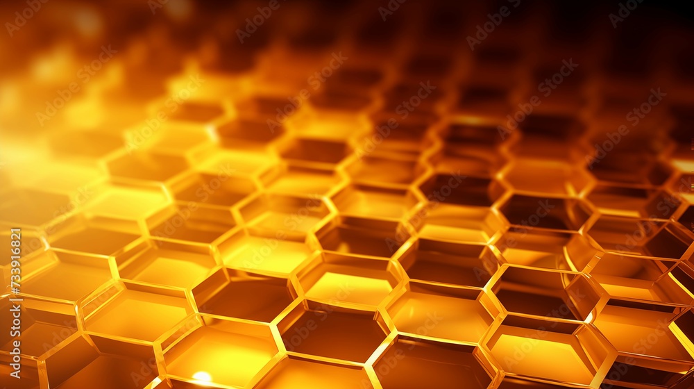 The digital image in a honeycomb pattern is glowing yellow and glows like gold. The digital image in a honeycomb pattern is glowing yellow and glows like gold.