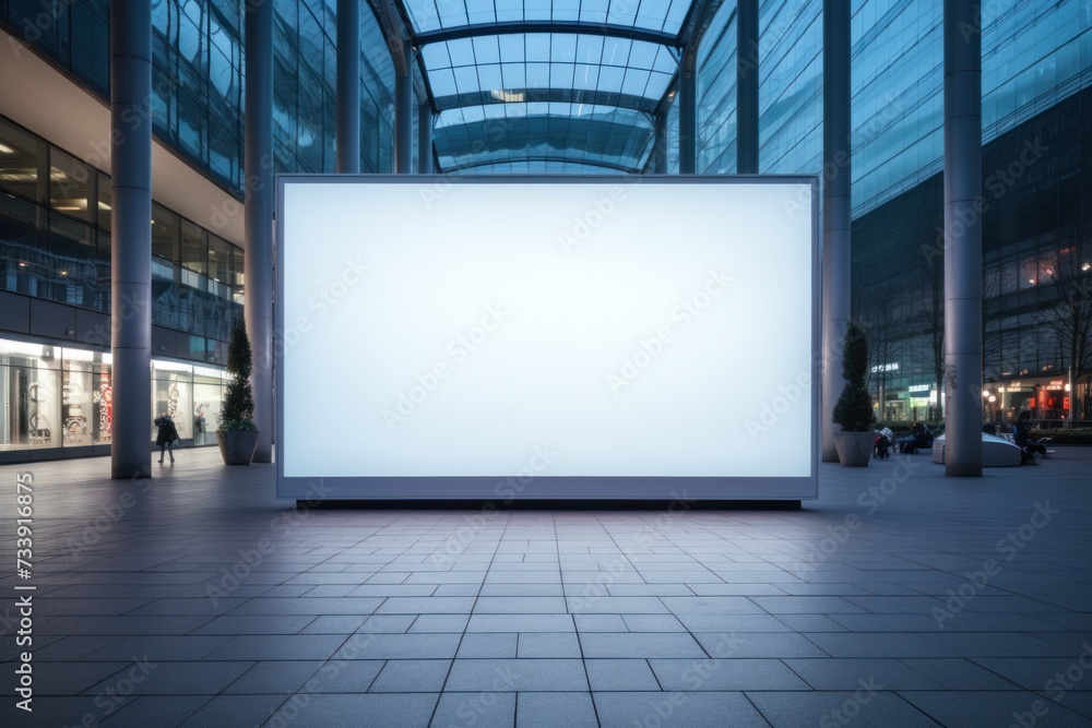 Blank white poster in the shopping mall. The concept of advertising space and its rental Blank white poster in the shopping mall. The concept of advertising space and its rental