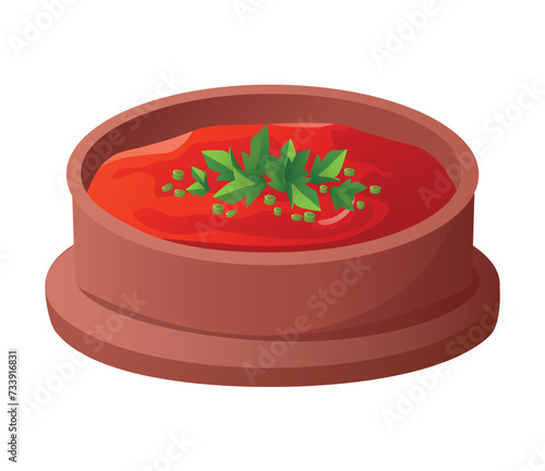 Ukrainian dish of colorful set. Delicious traditional borsch in this engaging illustration merges intricate design with playful cartoon design on a clean white backdrop. Vector illustration.