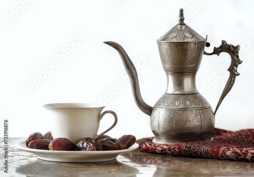 Cup and dates beside coffee pot, islamic iftar image