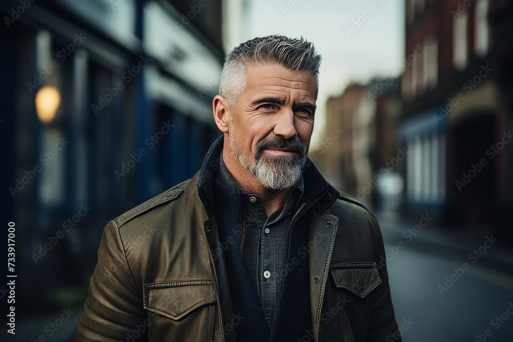 Handsome middle-aged man with grey hair and beard wearing a brown leather jacket in the city. Handsome middle-aged man with grey hair and beard wearing a brown leather jacket in the city.