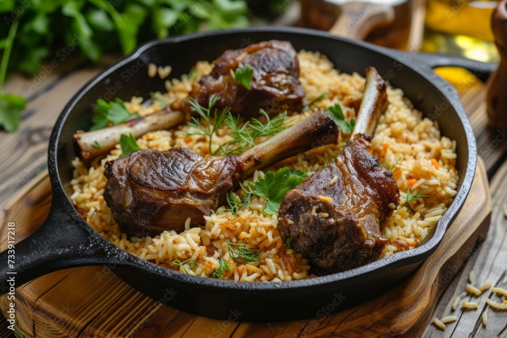 A rustic scene with a cast iron skillet filled with rice and lamb shanks placed on a wooden table, meat biryani concept