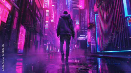 a young man person walks in alley a synthwave sci-fi cyberpunk futuristic city with skyscrapers buildings in neon pink and purple colors. wallpaper background