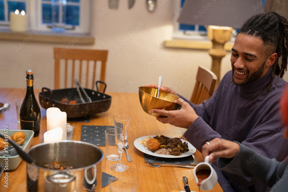 People plate food at dinner at home People plate food at dinner at home