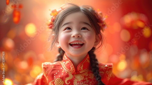 Chinese Lunar new year, Little Girl in Red Dress Smiling