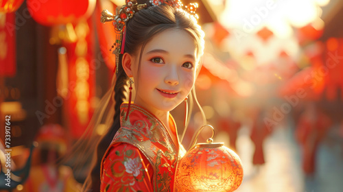 Chinese Lunar new year, Woman in Traditional Chinese Dress Holding Lantern