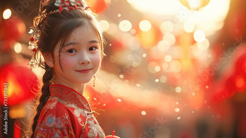 Chinese Lunar new year, Young Girl in Red Dress and Tiara