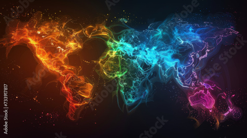 Abstract map of continents. Globalization and geopolitics in high-tech world of future. 3D illustration of communications and data exchange in a virtual network. Bright, juicy, neon colors