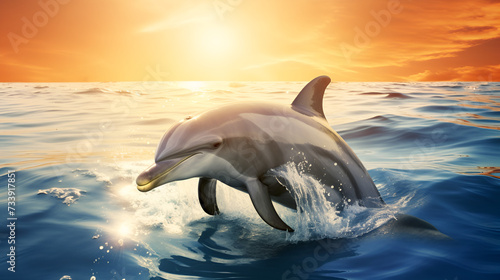 dolphin jumping out of the water in sunet . photo