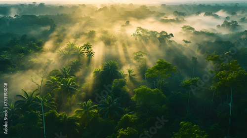 A photo of the Amazon Rainforest, with dense foliage as the background, during a misty morning photo