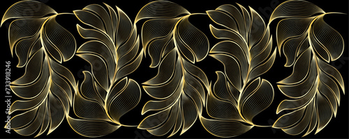 Golden Line art botany banner. Japanese style Hand drawn vector. Line art style design. Concept traditional Asian Card with space for text wedding, invitation, template card Golden frames.