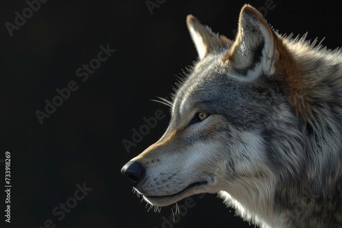 Wolf profile portrait on black background - generative ai