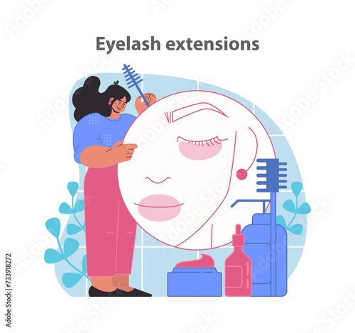 Eyelash extensions service. A smiling beautician applies long-lasting lashes to a relaxed client for a voluminous look. Flat vector illustration.