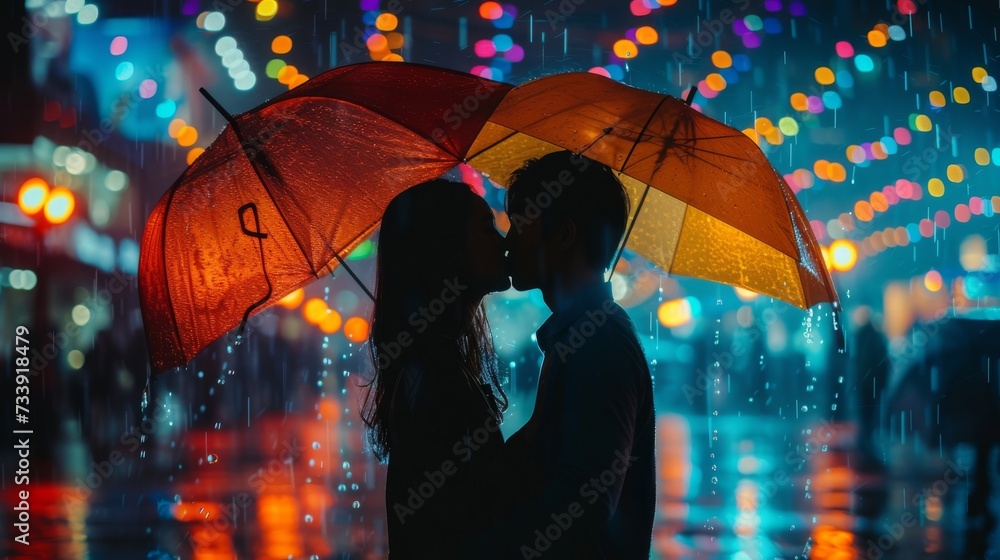 silhouette of a couple kissing in the rain under an umbrella - romance/valentines day concept