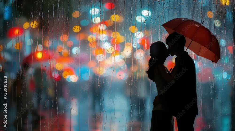 silhouette of a couple kissing in the rain under an umbrella - romance ...