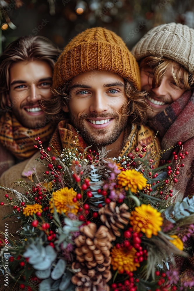 Group happy smiling men with flowers, looking at camera
