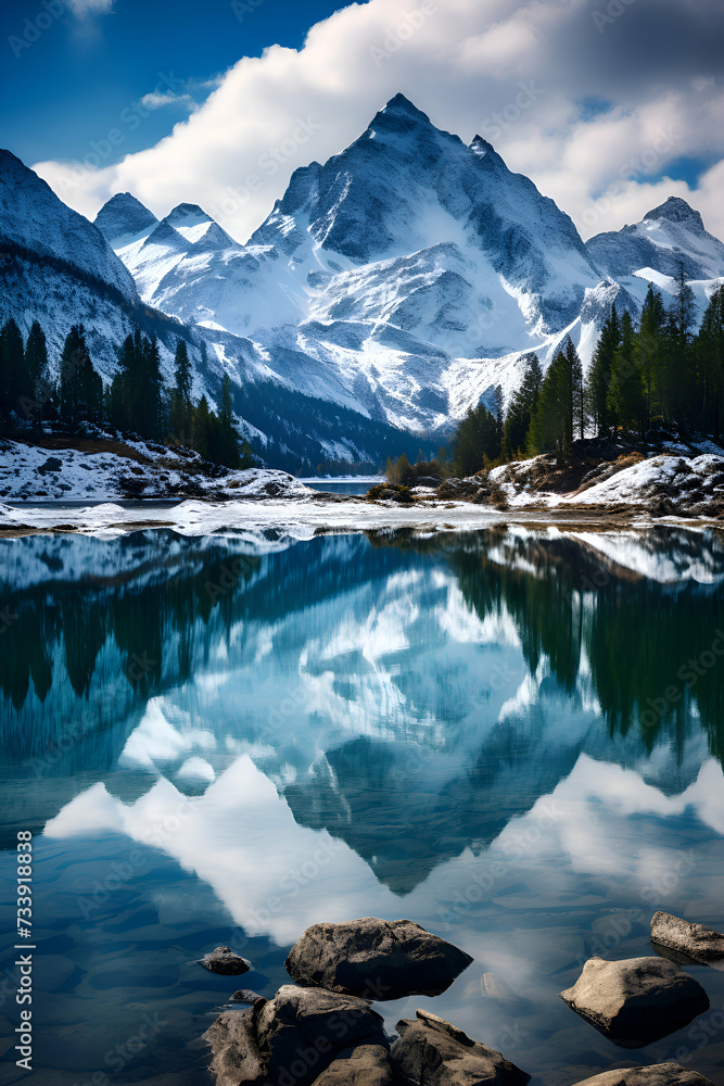 Mountain lake with reflection of snowy mountains and clouds in the sky