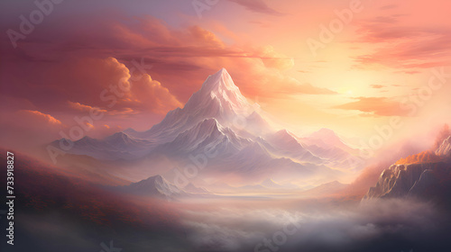 Mountain landscape. Sunrise over the clouds. 3D illustration.