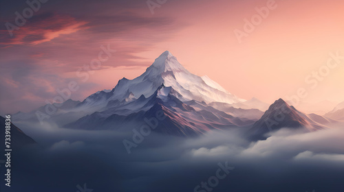 Mountains in the clouds at sunset. 3d render illustration.