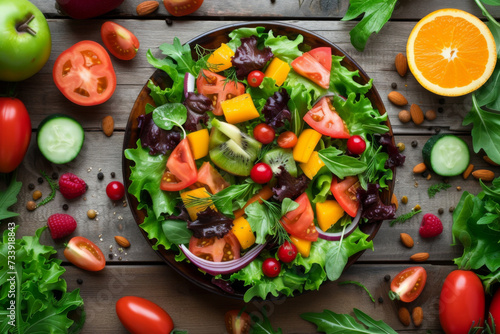Top view of healthy delicious vegetable salad on a wooden table background, fresh natural green leaves mix salad, high fiber and vitamin, Healthy food concept.